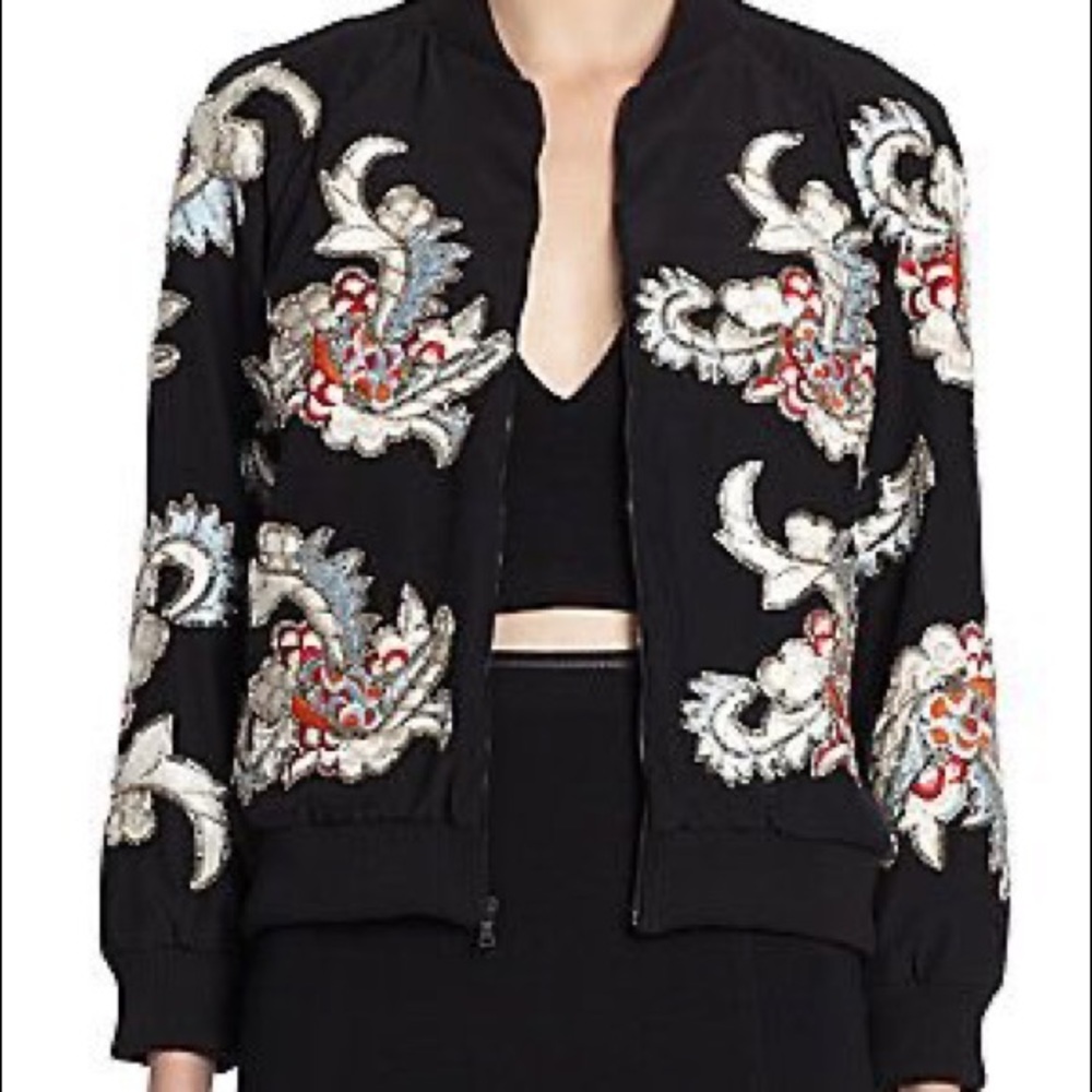 Alice + Olivia Felisa Floral Bead Satin Bomber